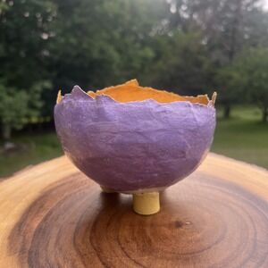 Handmade Cracked Egg Bowl Footed Lavender Gold Floral Arrangement Planter